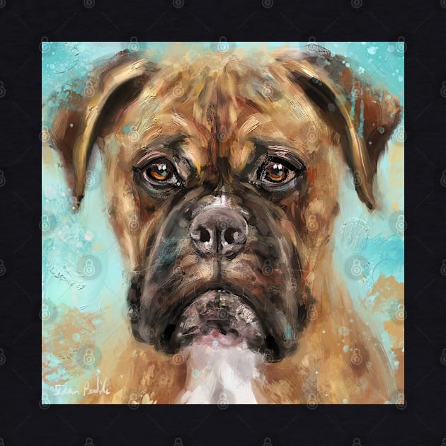 Expressive Painting of a Brown Coated Boxer Dog on Light Blue Background by ibadishi